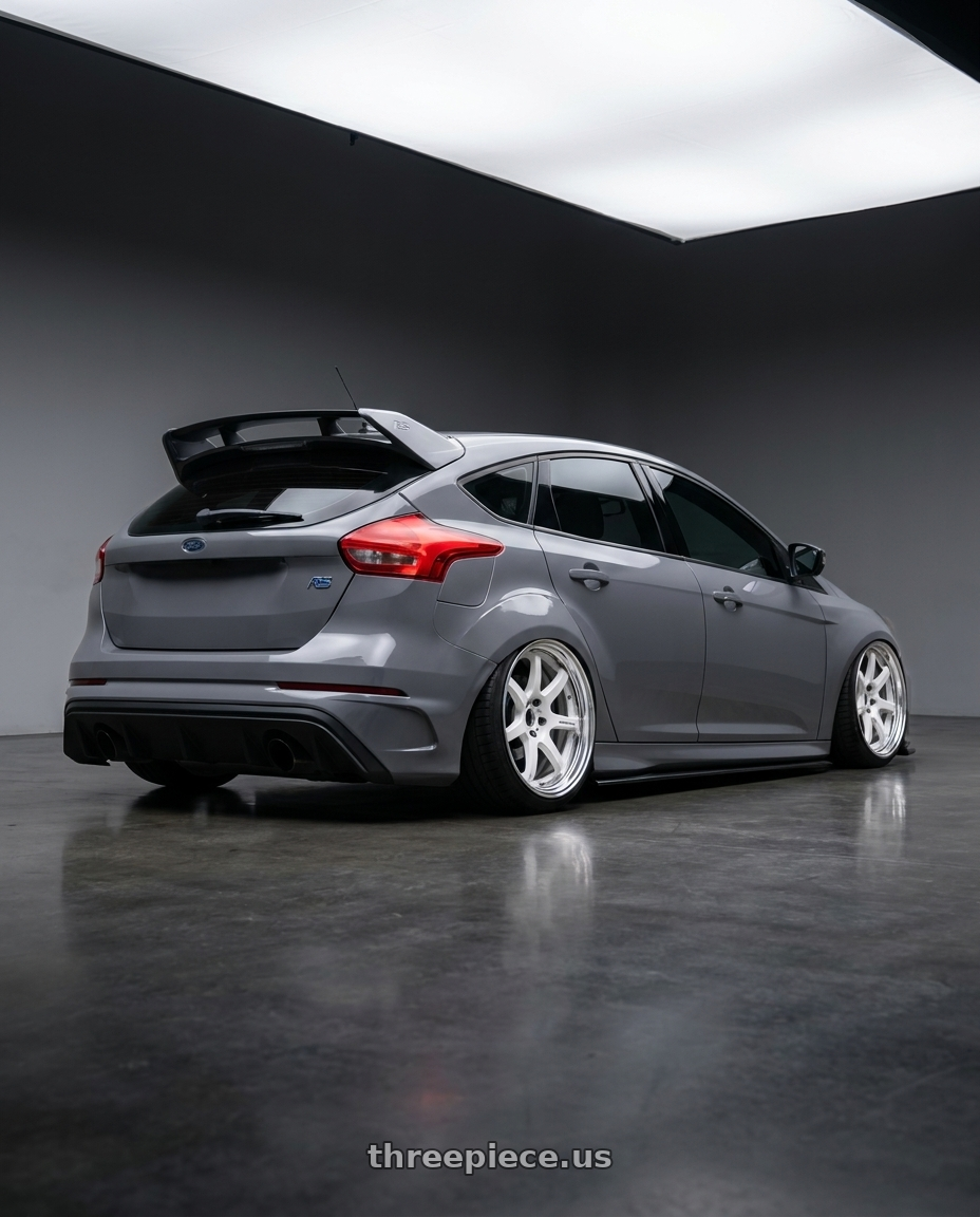 2017 Ford Focus RS with Work T7r 2P 5x108 18x9.5 +22 WHITE wheels rear three quarter view slight stretch tires