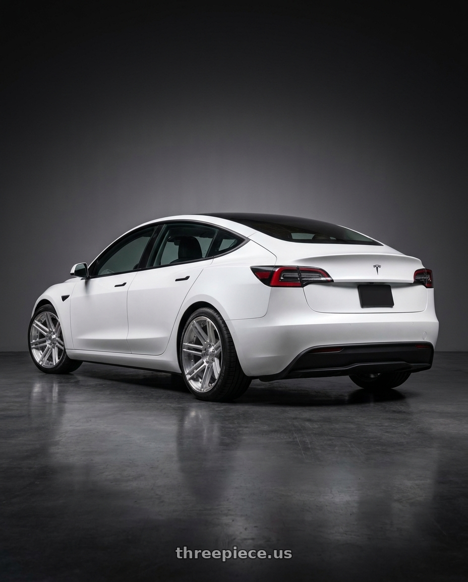 2025 Tesla Model 3 with 4PLAY 4P08 6x135/6x139.7 20x10-18 Brushed wheels rear three quarter view square tires