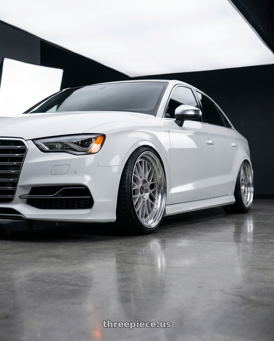 2015 Audi S3 with Work Vs-Xx 5x112 20x10.5+31 A Disk Light Grey Silver wheels front three quarter view lowered stance