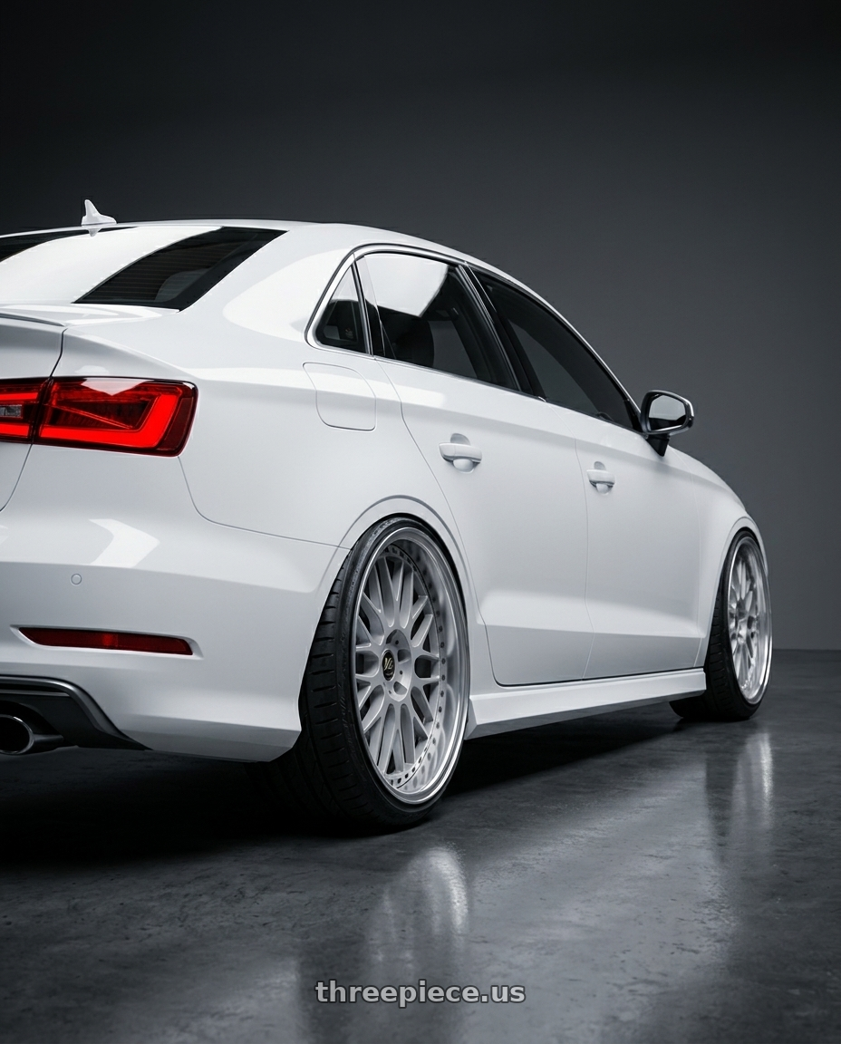 2015 Audi S3 with Work Vs-Xx 5x112 20x10.5+31 A Disk Light Grey Silver wheels rear three quarter view extreme stretch tires