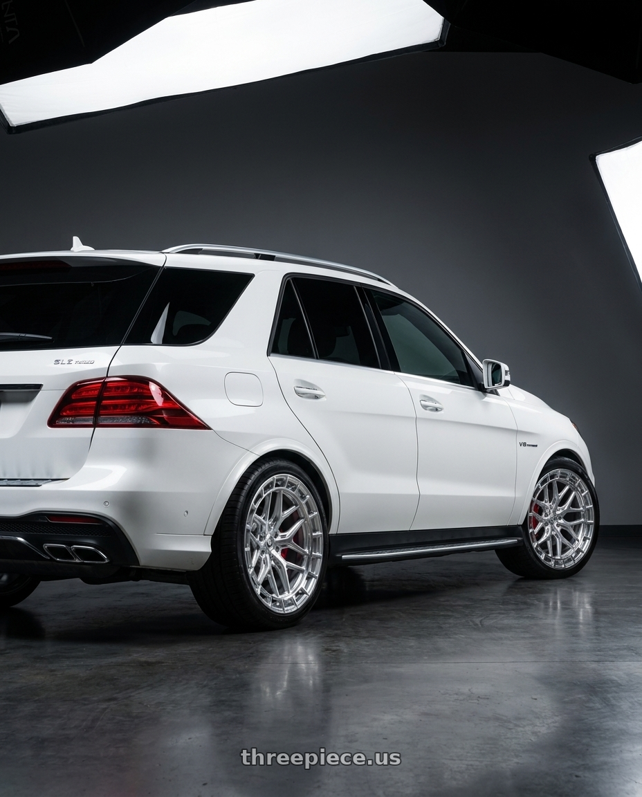 2017 Benz GLE with VOSSEN HFX-1 6X135 22x9.5 +20 SILVER POLISHED wheels rear three quarter view square tires