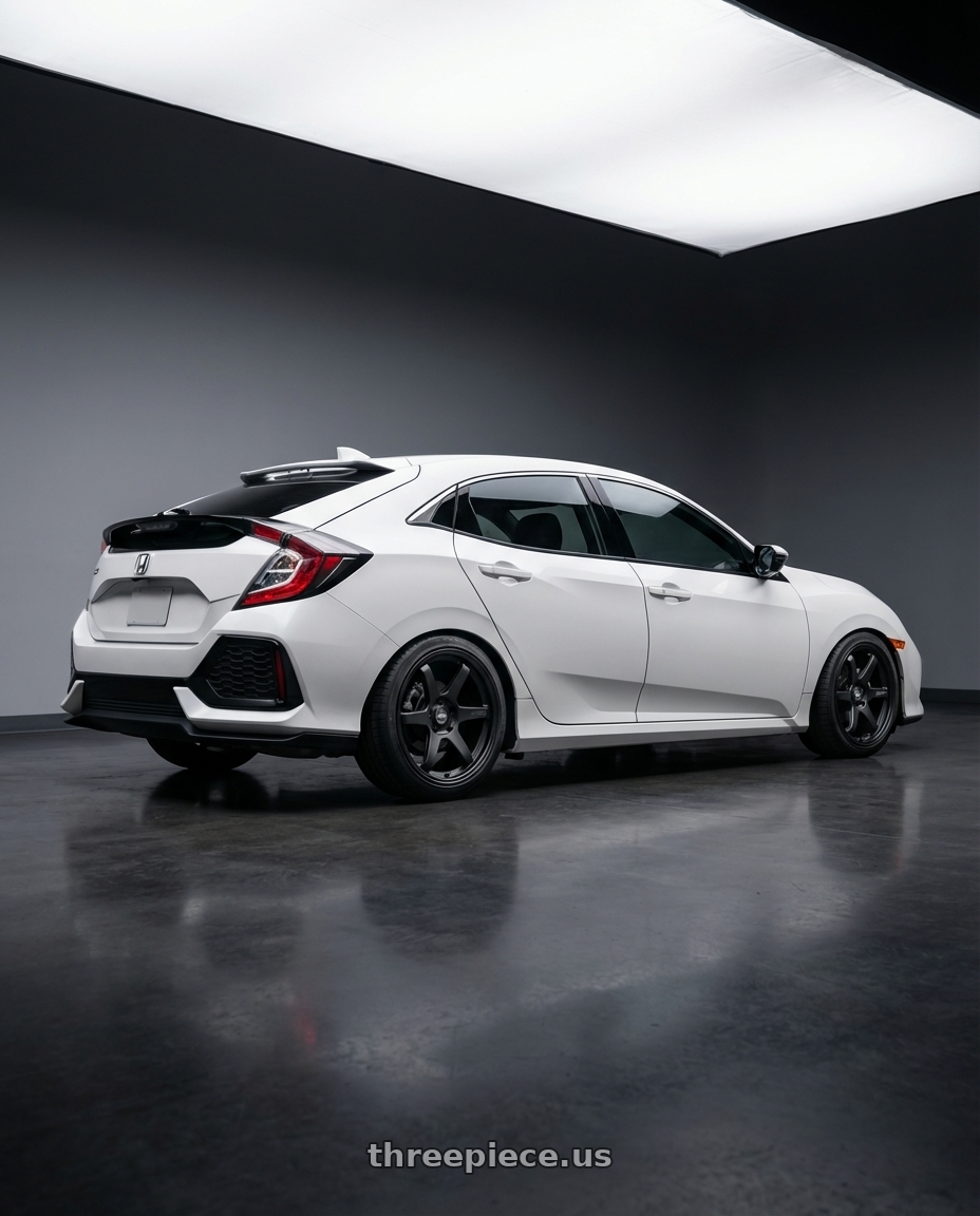 2019 Honda Civic with ESR Wheels APEX SERIES AP6 5x114.3 18x10.5 +22 Matte Black wheels rear three quarter view square tires