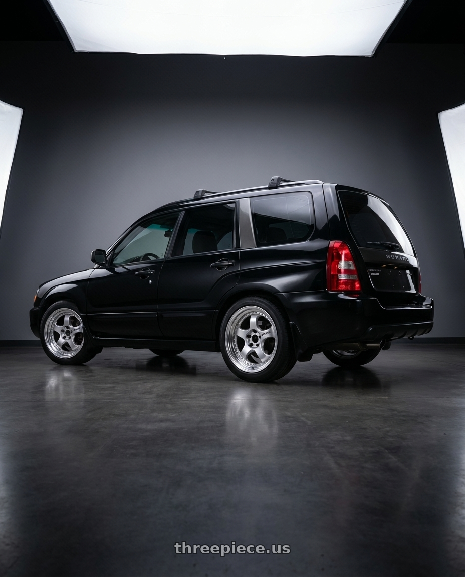 2003 Subaru Forester XS with Work Meister S1 3P 5x100 17x7+3 A Disk Silver wheels rear three quarter view square tires