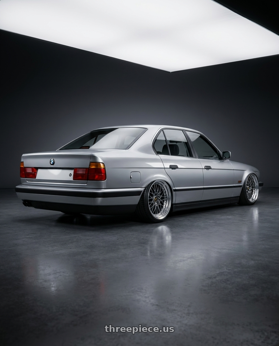 1993 Bmw e34 with Work Vs-Xv 5x100 18x7+28 A Disk Brilliant Silver Black wheels rear three quarter view slight stretch tires