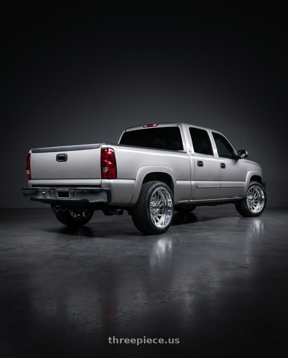 2007 Chevy Silverado with Fuel Forged FF110 8x170 20x9 +0 POLISHED wheels rear three quarter view slight stretch tires