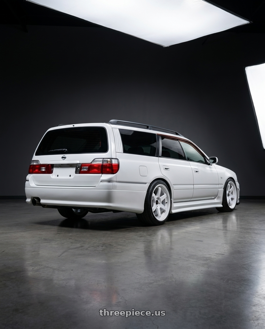 2000 Nissan stagea with Vors TR37 5x112 17x9 +30 White wheels rear three quarter view square tires