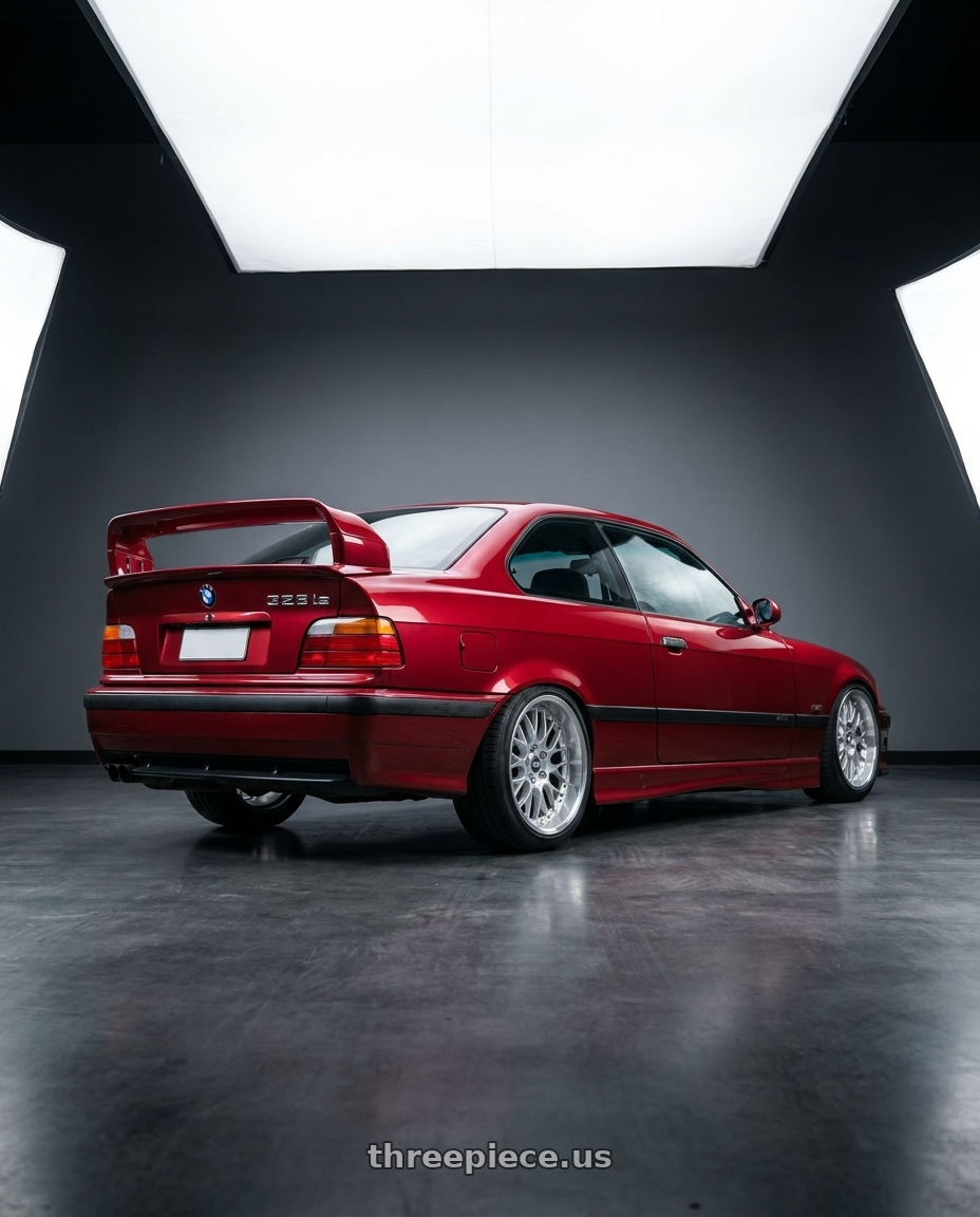 1996 BMW E36 328is with ESR Wheels CS SERIES CS12 5x120 18x8.5 +30 Hyper Silver wheels rear three quarter view slight stretch tires