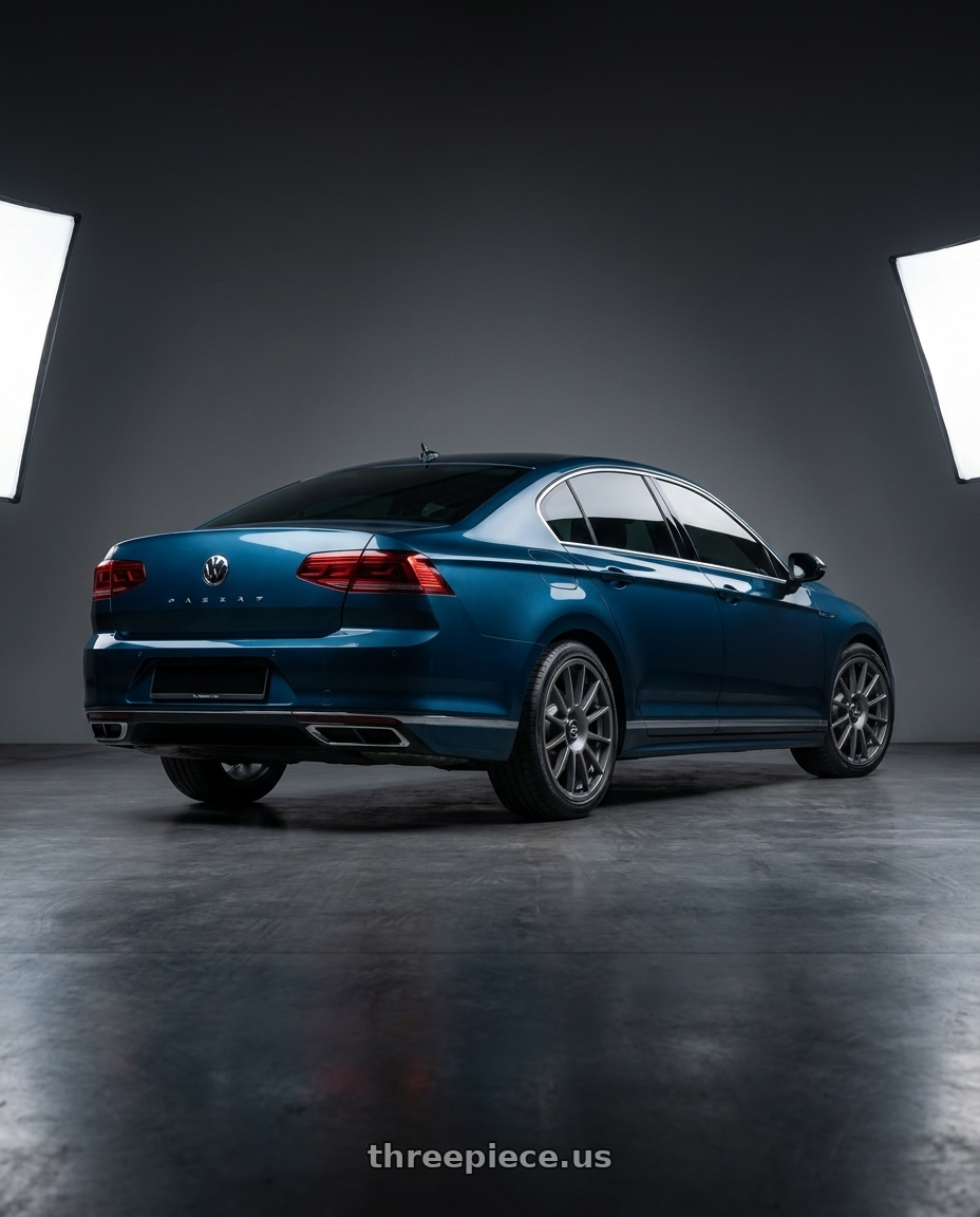 2022 Volkswagen Passat B8.5 3G R-Line, Aquamarine Blue Metallic with fifteen52 PODIUM 5x114.3 / 5x120 19x8.5 +35 FROSTED GRAPHITE (SATIN GREY) wheels rear three quarter view square tires
