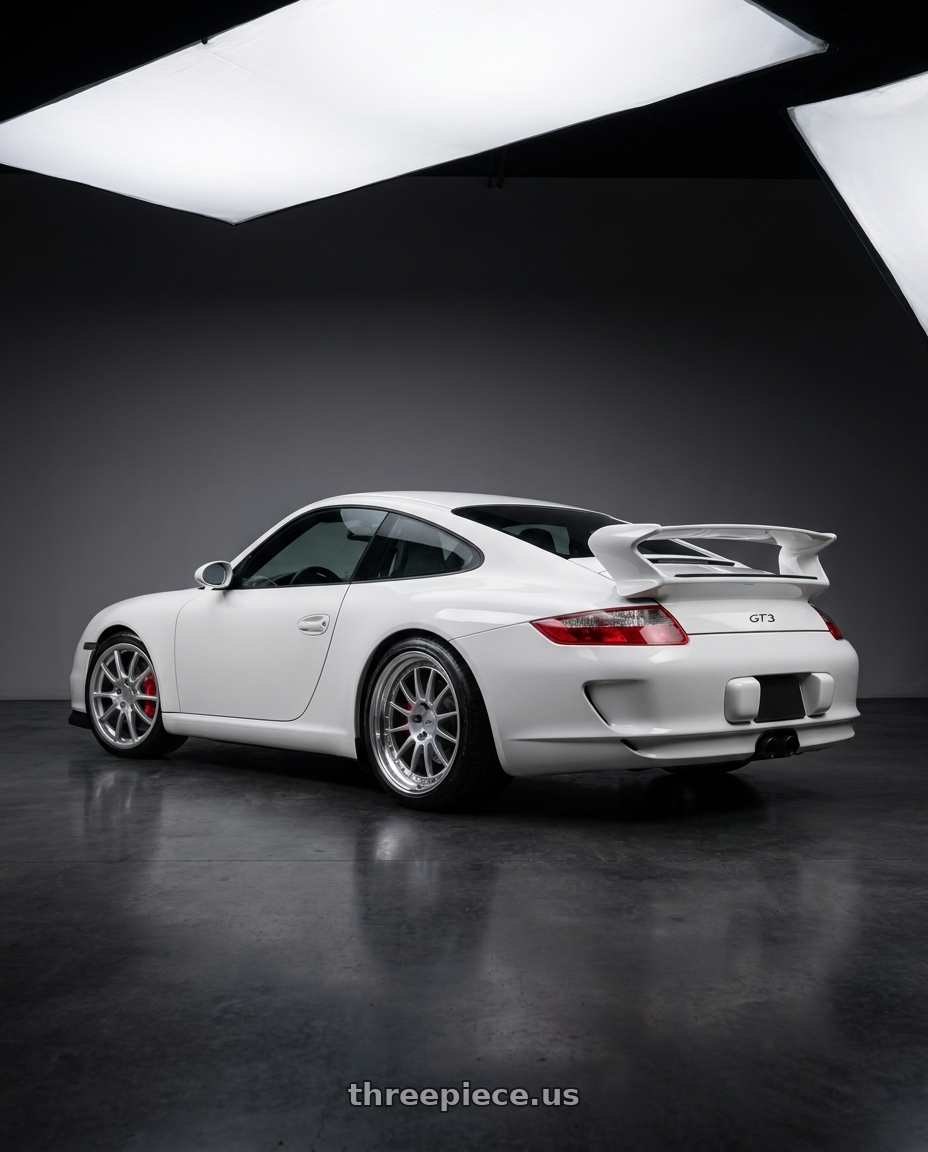 2007 911 GT3 with SSR Professor TF1 5x130 19X9+41 MD Disk Titan Silver wheels rear three quarter view square tires