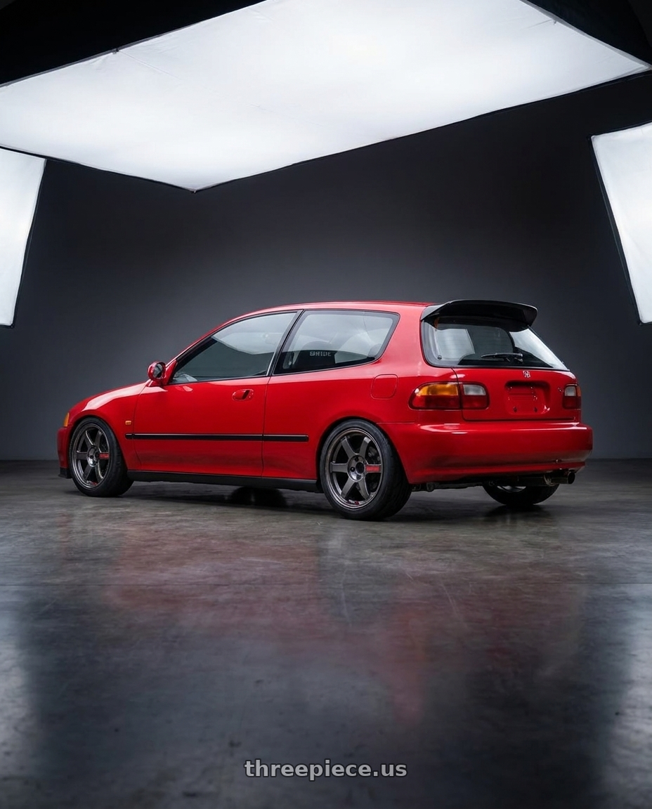 1993 Honda eg6 red with Volk Racing TE37 Saga SL 5x100 18x8.5+45 Pressed Graphite wheels rear three quarter view square tires