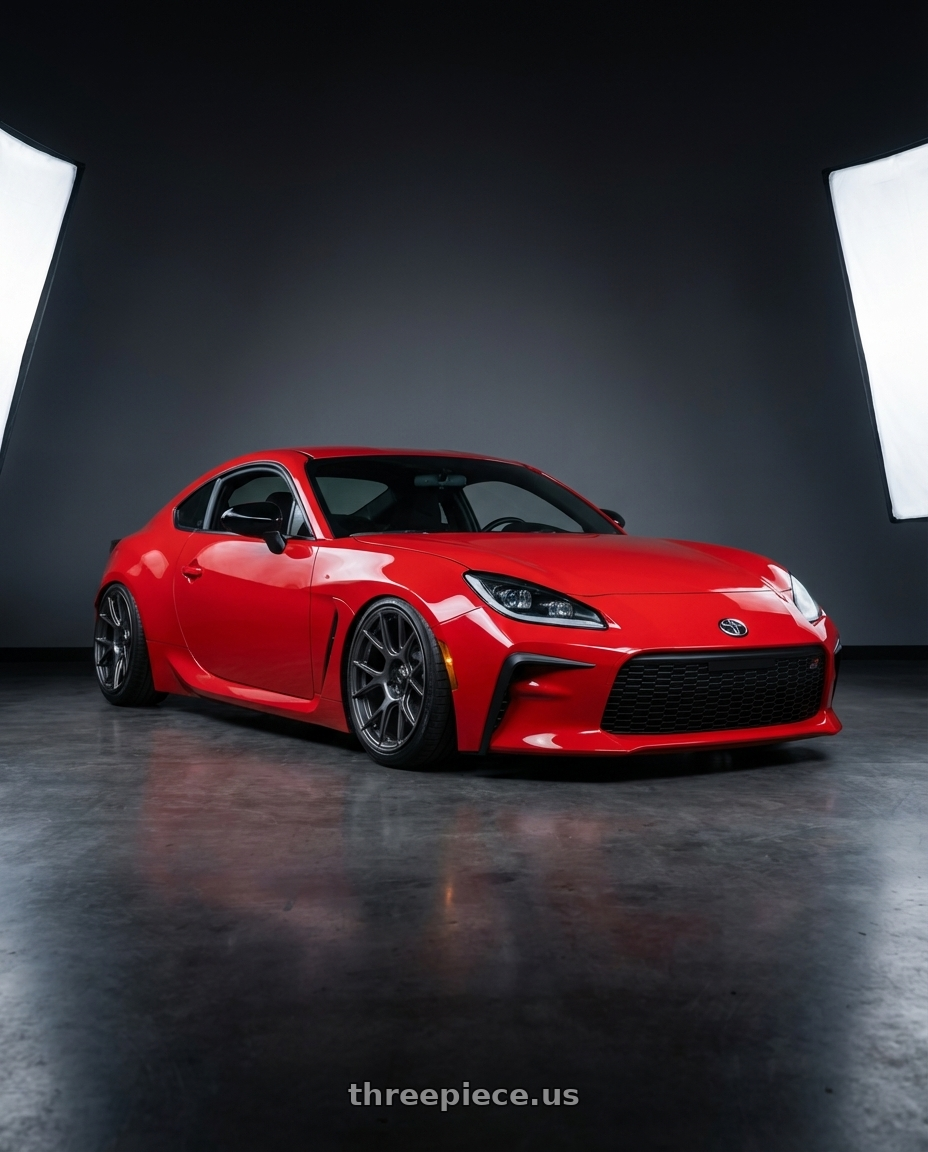 2024 Toyota GR86 with Konig Ampliform 5x114.3 18x9.5+35 Dark Metallic Graphite wheels front three quarter view stanced stance