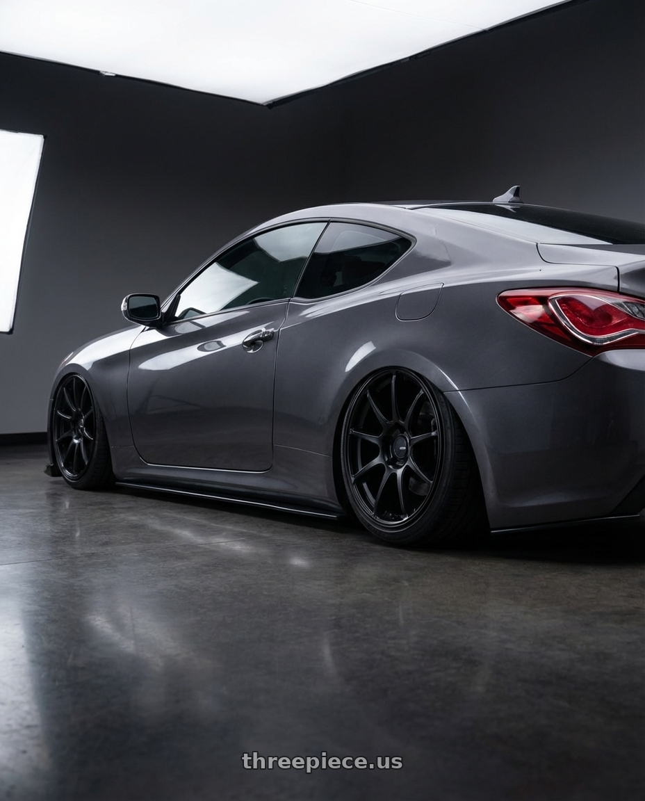 2014 Hyundai Genesis Coupe with Ssr Gtv02 5x114.3 19x8.5+38  FLAT BLACK wheels rear three quarter view slight stretch tires