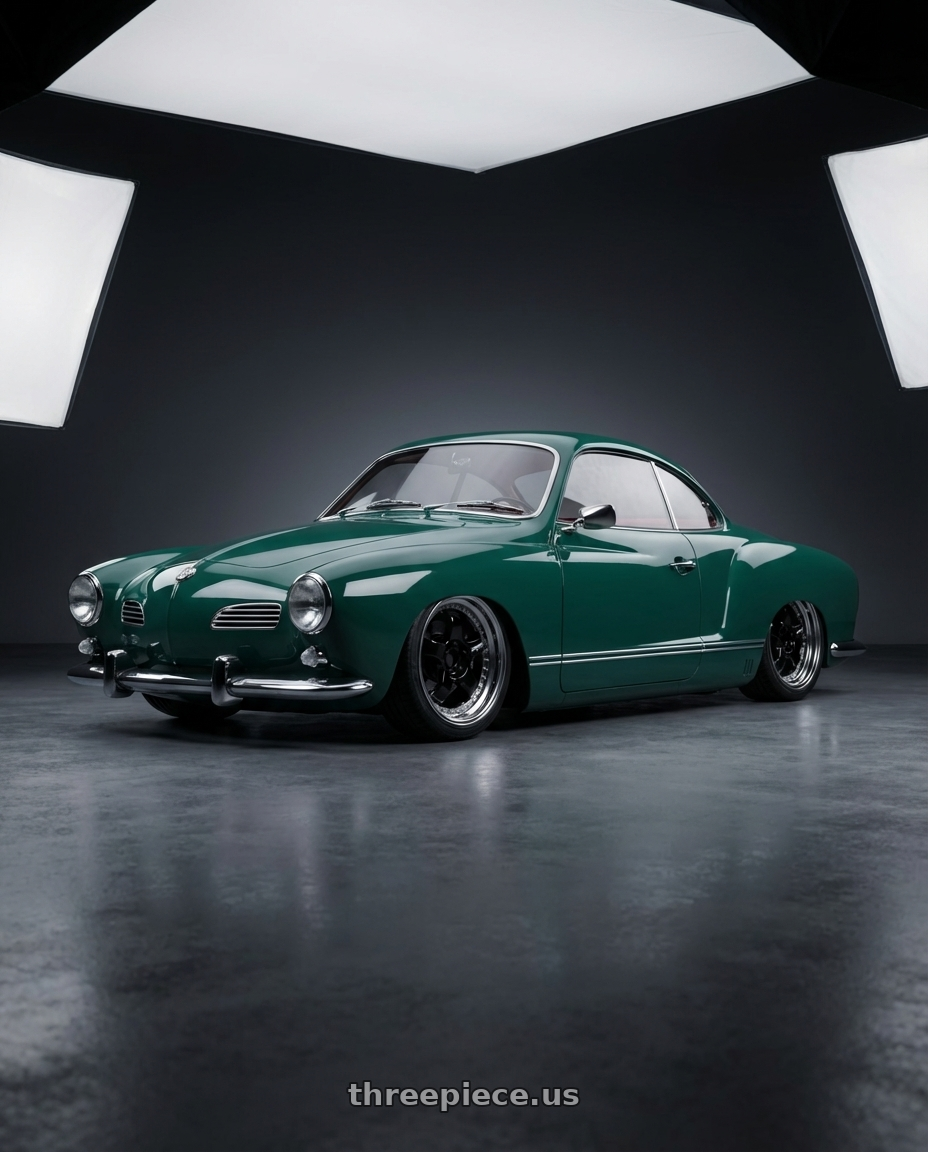 1965 Volkswagen Karmann Ghia with Work Meister S1 3P 5x100 18x8+48 A Disk Black wheels front three quarter view slammed stance