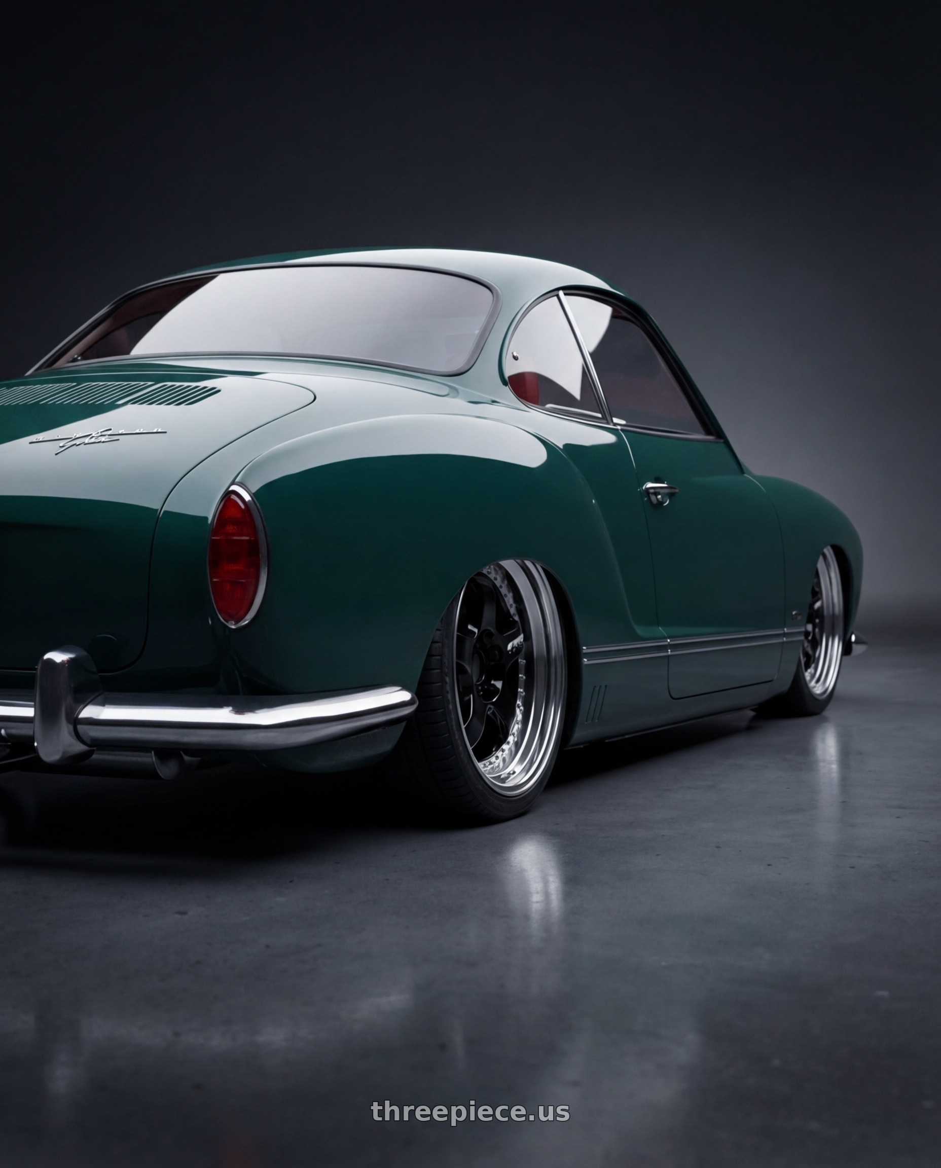 1965 Volkswagen Karmann Ghia with Work Meister S1 3P 5x100 18x8+48 A Disk Black wheels rear three quarter view square tires