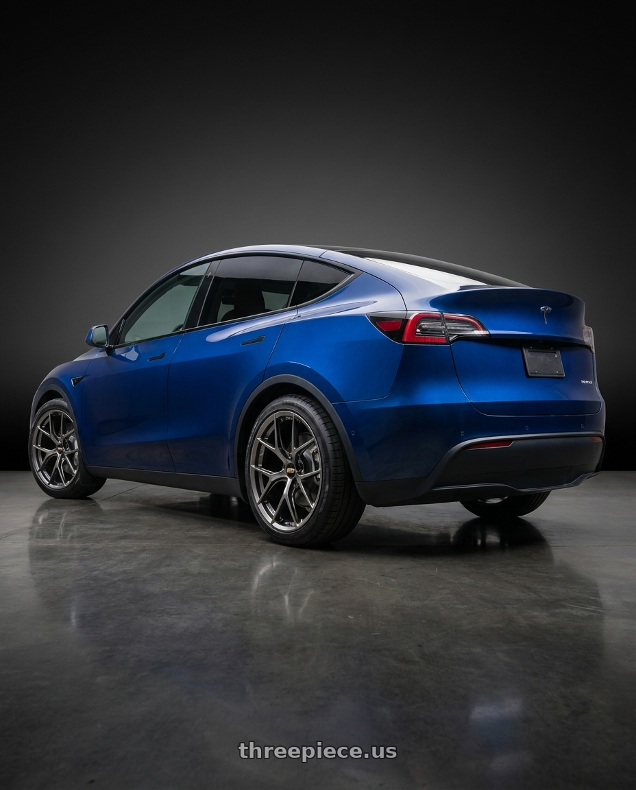 2023 Tesla Model Y with BBS FI-R CL 20x9.0+52 Diamond Black wheels rear three quarter view square tires