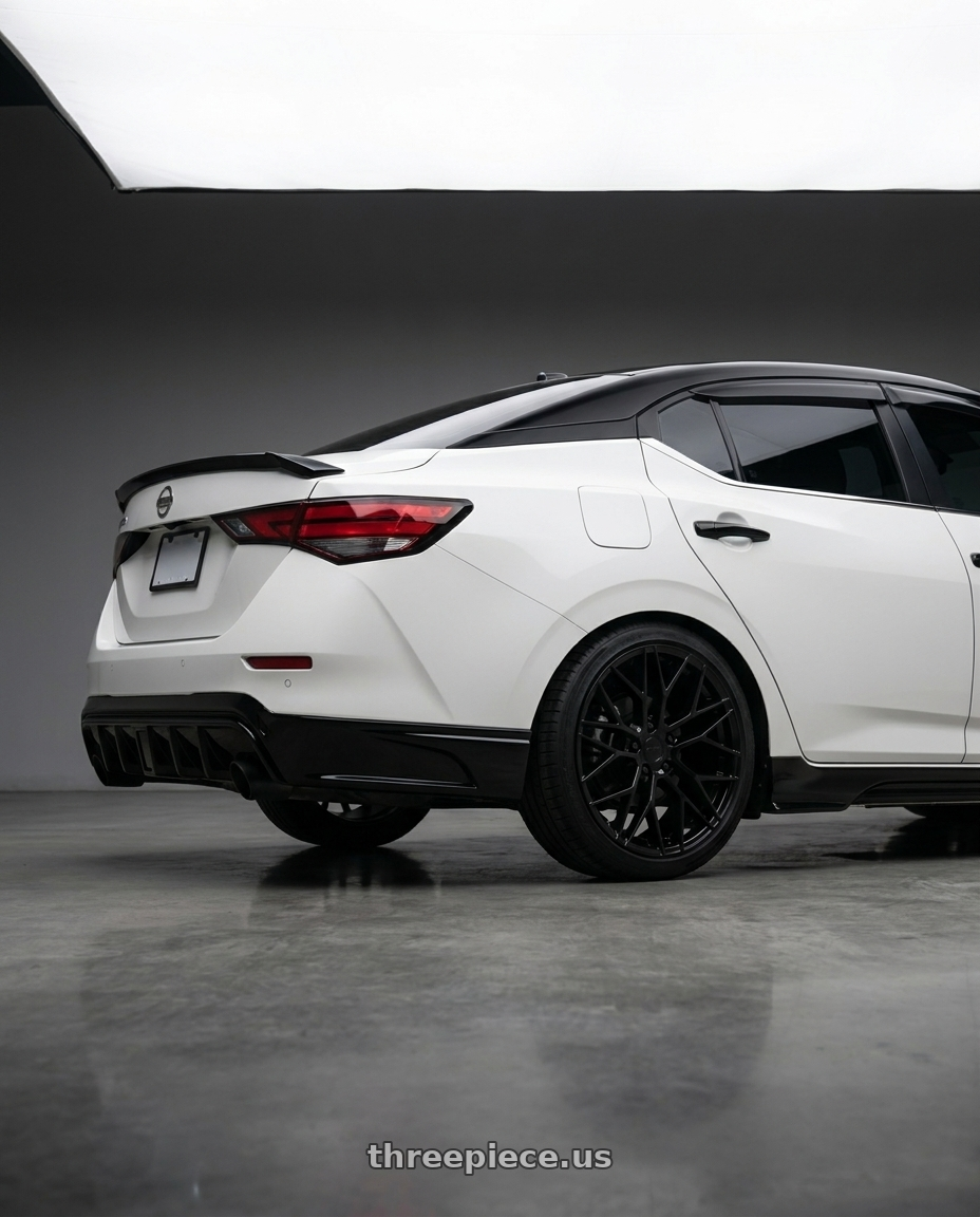 2023 nissan sentra with KATANA RACING KR01 5x108 17x7.5 +40 Matte Black wheels rear three quarter view square tires
