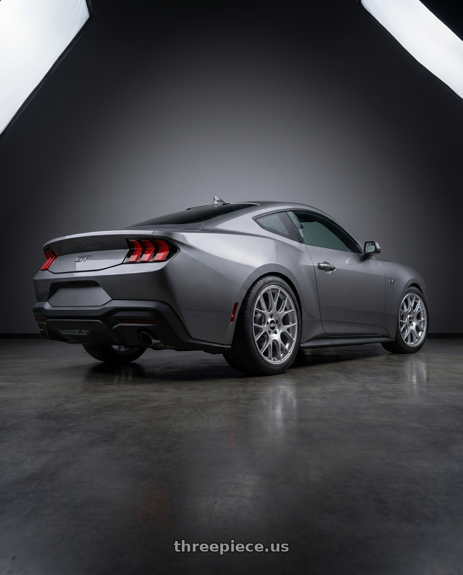 2025 ford mustang gt carbonized gray metallic with BBS CH-R 5x120 19x9.5 +35 Brilliant Silver Polished Rim Protector wheels rear three quarter view square tires