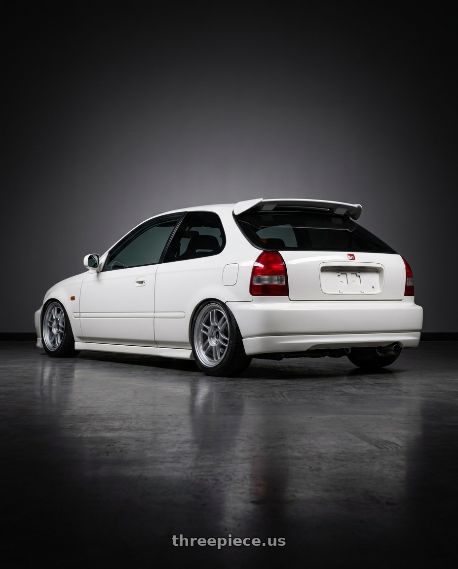 1997 Honda civic type r ek9 with Enkei RPF1 5x114.3 17x8+35 Silver wheels rear three quarter view slight stretch tires
