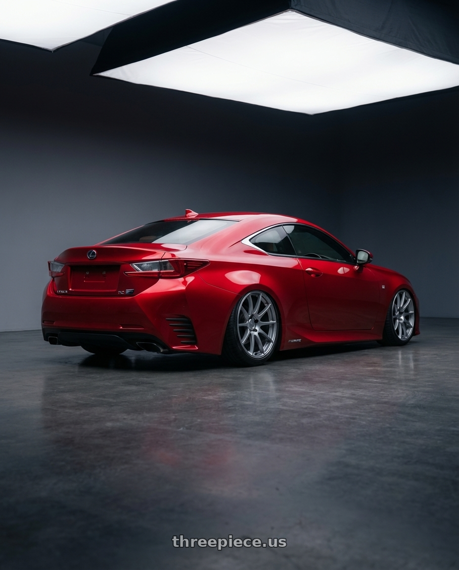 2018 Lexus RC F with Ssr Gtv02 5x114.3 19x8.5+38  GLARE SILVER wheels rear three quarter view slight stretch tires