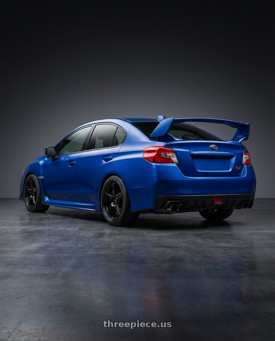 2013 Subaru WRX STI with Gram Lights 57CR 5x114.3 18x10.5+12 Glossy Black wheels rear three quarter view square tires