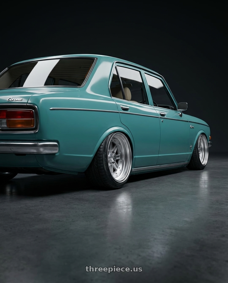 1973 Toyota Corona with Speed Star Mk-III 4x100 13X8.5+-9  Silver wheels rear three quarter view extreme stretch tires