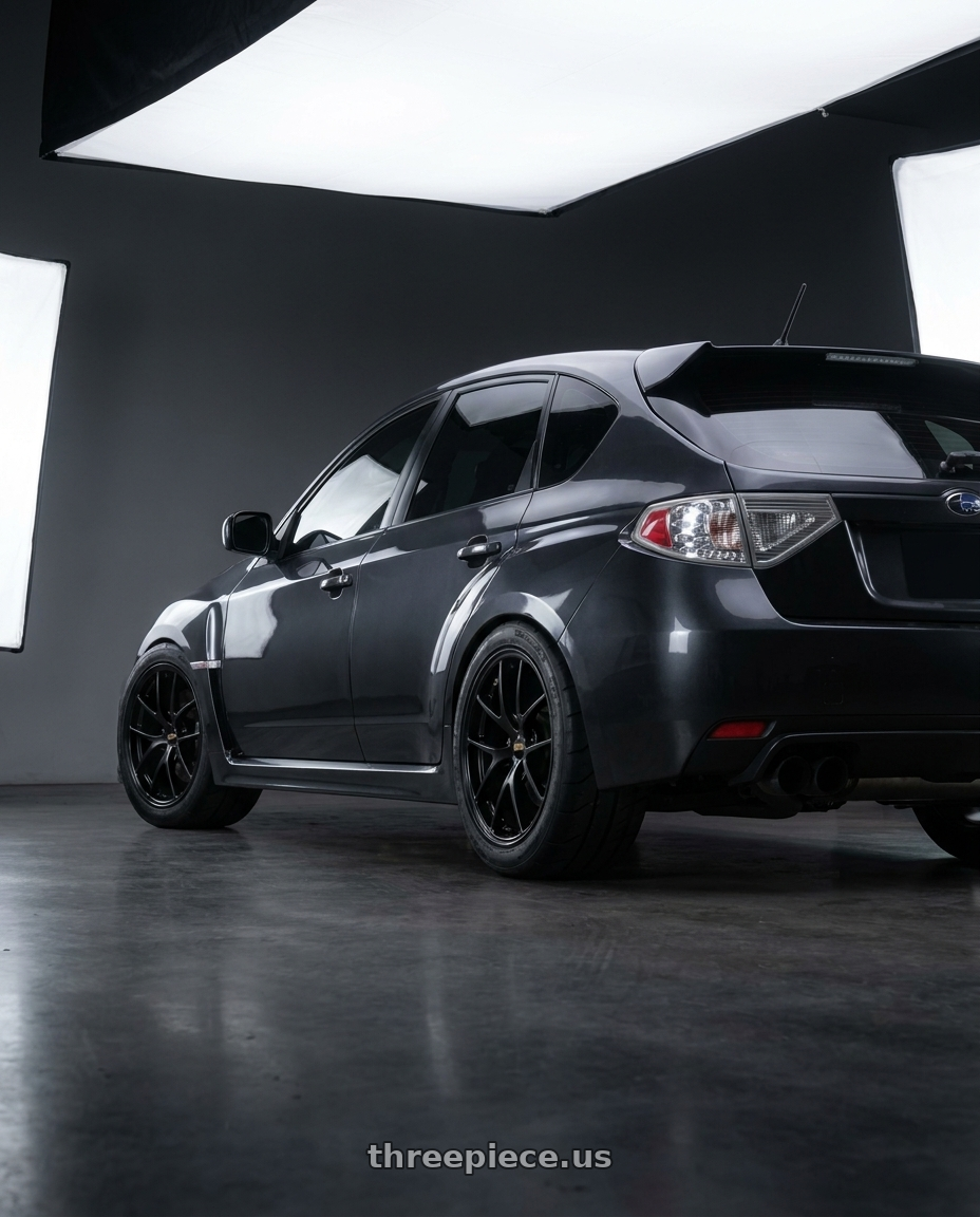 2013 Subaru STI with BBS RI-A 5x120 18x10.5+25 Diamond Black wheels rear three quarter view meaty tires