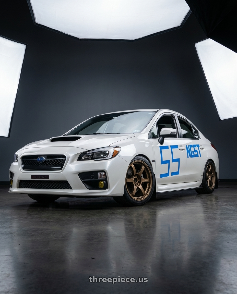 2017 Subaru WRX Limited, Crystal Pearl White, blue side lettering as seen in photo with Gram Lights 57DR 5x114.3 18x9.5 +12 BRONZE 2 wheels