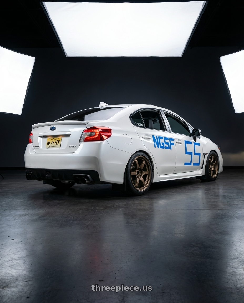 2017 Subaru WRX Limited, Crystal Pearl White, blue side lettering as seen in photo with Gram Lights 57DR 5x114.3 18x9.5 +12 BRONZE 2 wheels rear three quarter view square tires