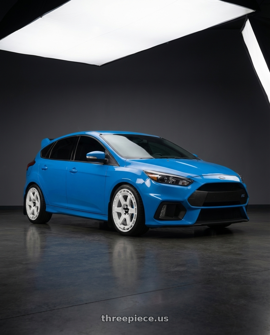 2016 Ford Focus RS with Rotiform 1PC R183 KB1 5X114.3 19X8.5 +40 GLOSS WHITE wheels front three quarter view lowered stance