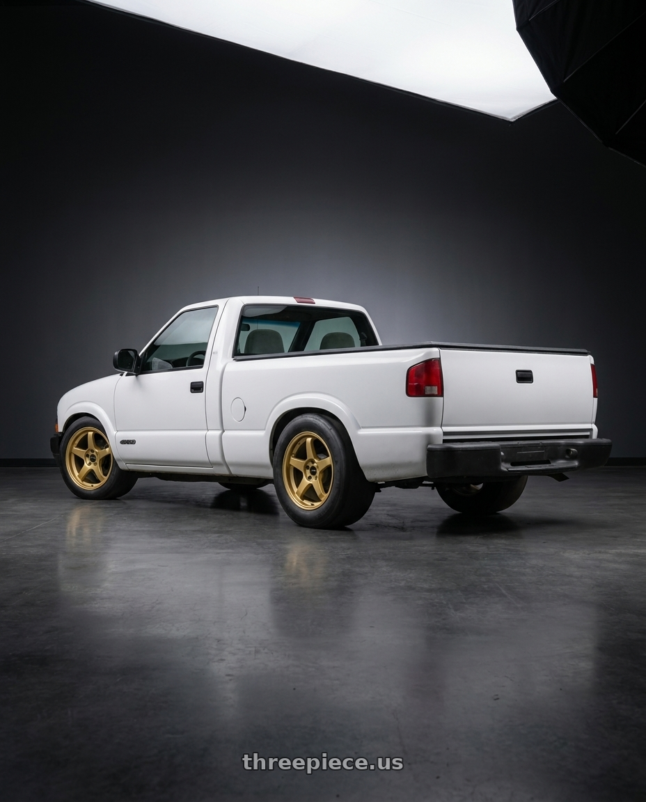 2001 Chevy S10 with Rosenstein Wheels CR 5X108 18X8.5 +35 Gold wheels rear three quarter view excessive tires