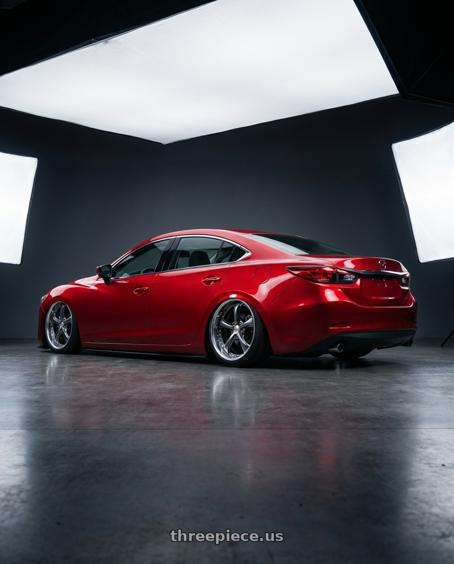 2017 Mazda 6 with Work Wheels VS-KF 5X114.3 19x8+40 Brilliant Silver Black A Disk FULL REVERSE wheels rear three quarter view slight stretch tires