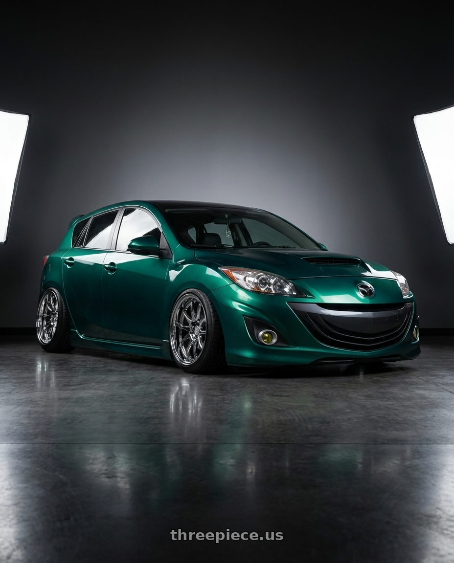 2011 mazda 3 hatchback deep jewel green with Aodhan DS02 5x114.3 18x10.5+15 Vacuum Chrome wheels front three quarter view slammed stance