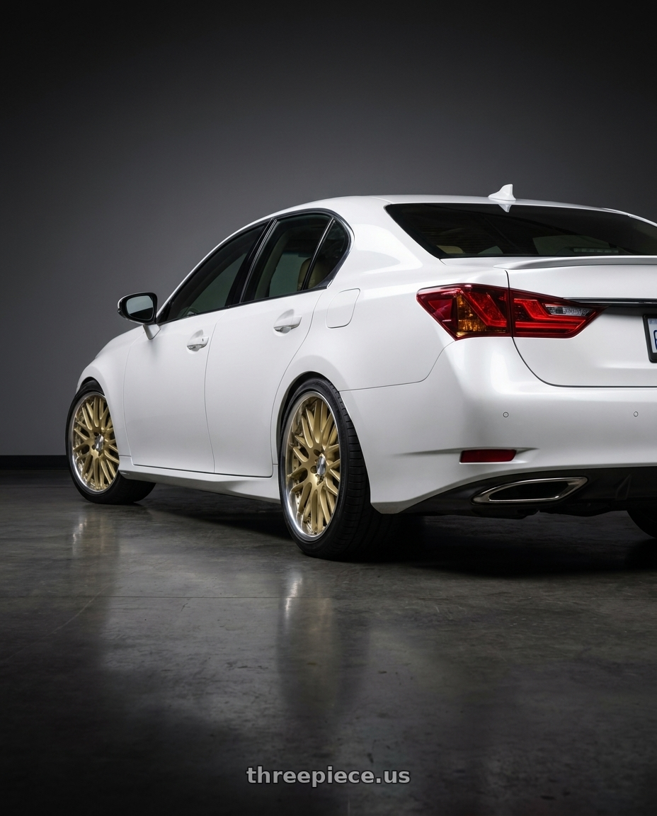 2013 Lexus GS350 with Work Lanvec Lm1 5x114.3 19x9+38 O Disk Light Metallic Gold wheels rear three quarter view square tires