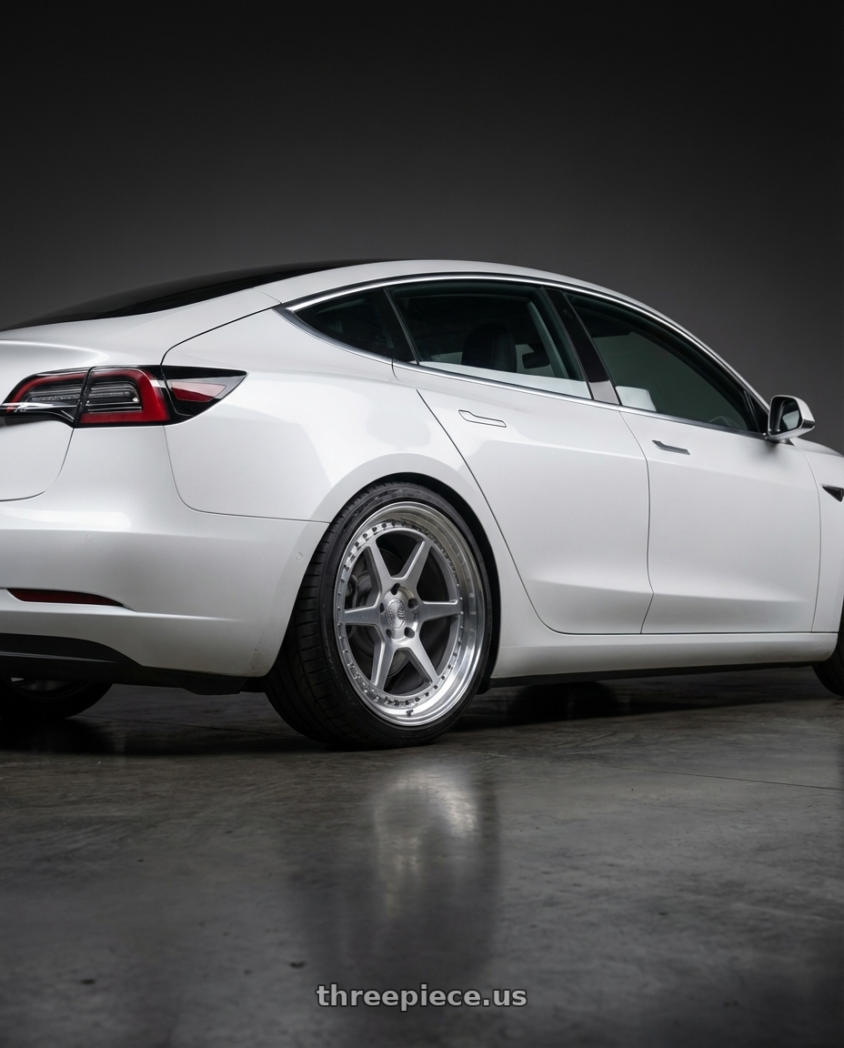 2023 Tesla Model 3 with Aodhan DS09 5x114.3 19x9.5+15 Silver w/Machined Face wheels rear three quarter view square tires