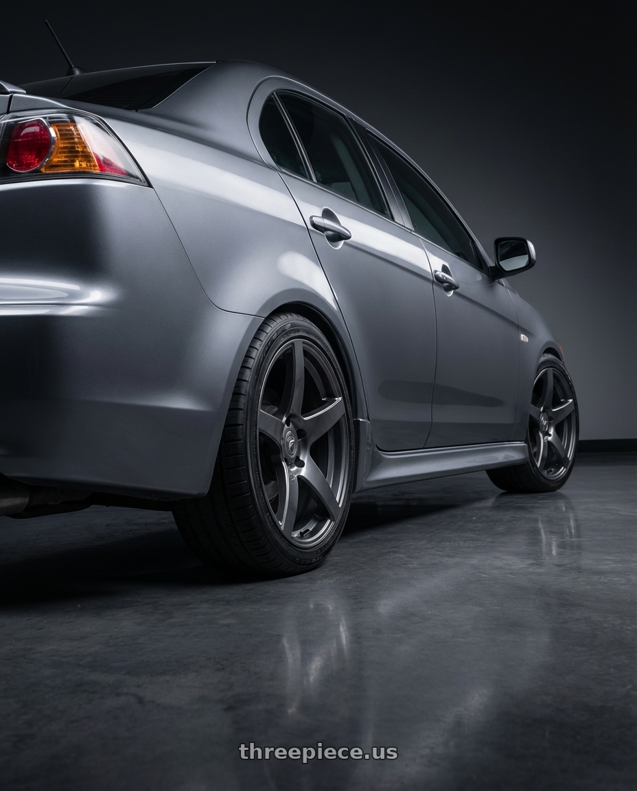 2014 Mitsubishi Lancer Ralliart with Forgestar CF5 5x114.3 18x10 +42 Gloss Anthracite wheels rear three quarter view square tires