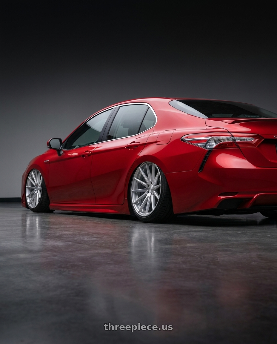 2026 Toyota Camry with Avant Garde Wheels M615 BLANK 20x10 +BLANK Silver Machine wheels rear three quarter view meaty tires