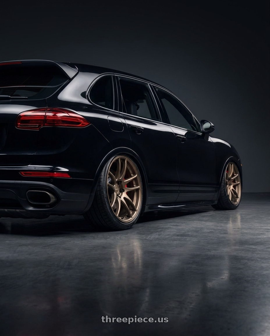 2017 porsche cayenne with Work Emotion Cr Kiwami 5x100 18x7.5 +38 Matte Bronze wheels rear three quarter view extreme stretch tires