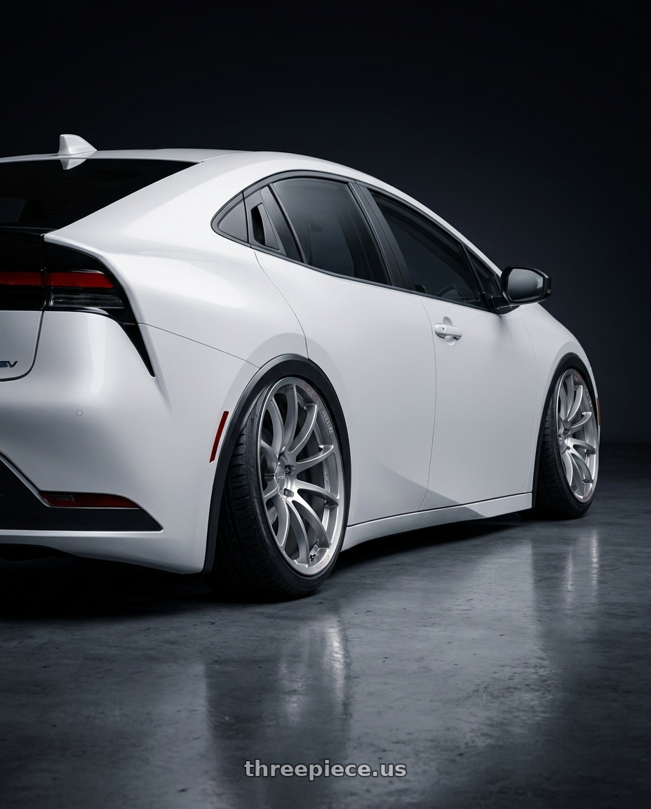 2025 Toyota Prius PHEV 鉑鑽白 with Volk Racing VERSUS VV21S 5x114.3 18x9.5 +38 GRACE SILVER wheels rear three quarter view extreme stretch tires