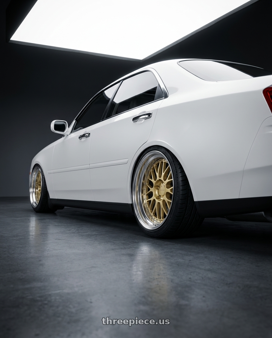 2002 Infiniti M45 with Work Brombacher Mesh wheels rear three quarter view extreme stretch tires