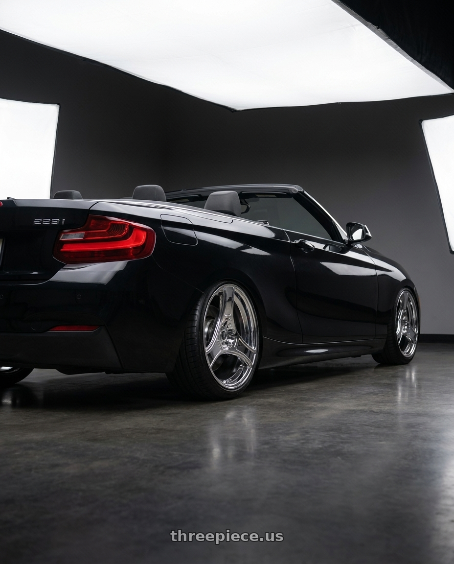 2016 bmw 228i 2D convertible with HERITAGE WHEEL BUSHIDO MONOC 5x120 18x9.5 +38 CHROME wheels rear three quarter view slight stretch tires