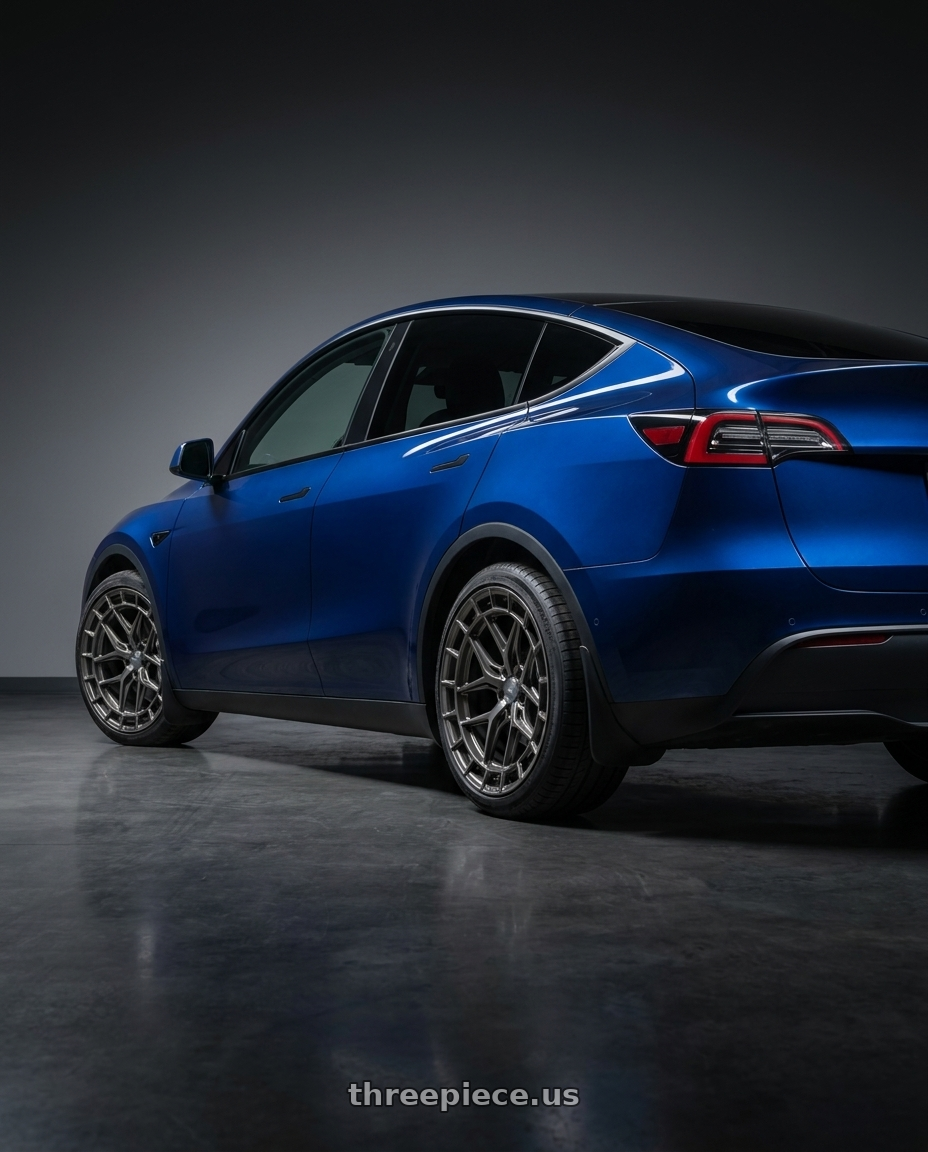 2023 Tesla Model Y with VOSSEN HFX-1 6X135 20x9.5 +15 MATTE GUNMETAL wheels rear three quarter view square tires