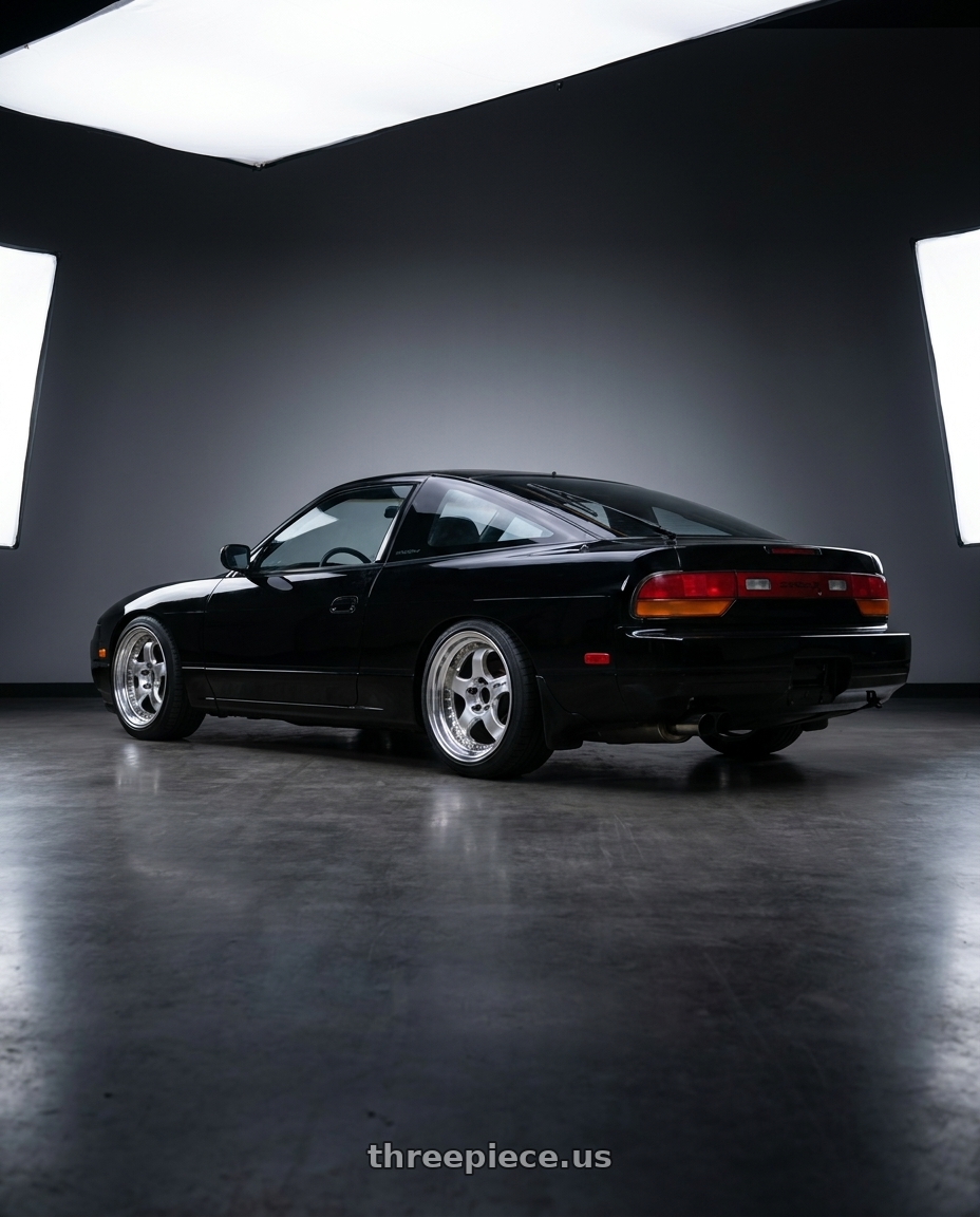 1991 Nissan 240sx hatchback, black with Work Meister S1 3P 4x114.3 17x8+28 A Disk Bright Buff Finish wheels rear three quarter view square tires