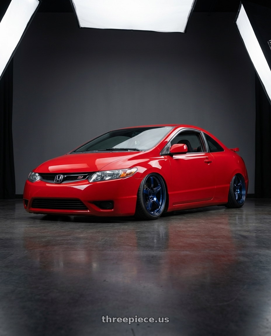 2011 Honda Civic Si with Gram Lights 57CR 5x114.3 18x9.5+12 Eternal Blue Pearl wheels front three quarter view stanced stance