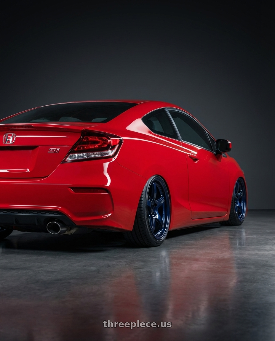 2011 Honda Civic Si with Gram Lights 57CR 5x114.3 18x9.5+12 Eternal Blue Pearl wheels rear three quarter view slight stretch tires