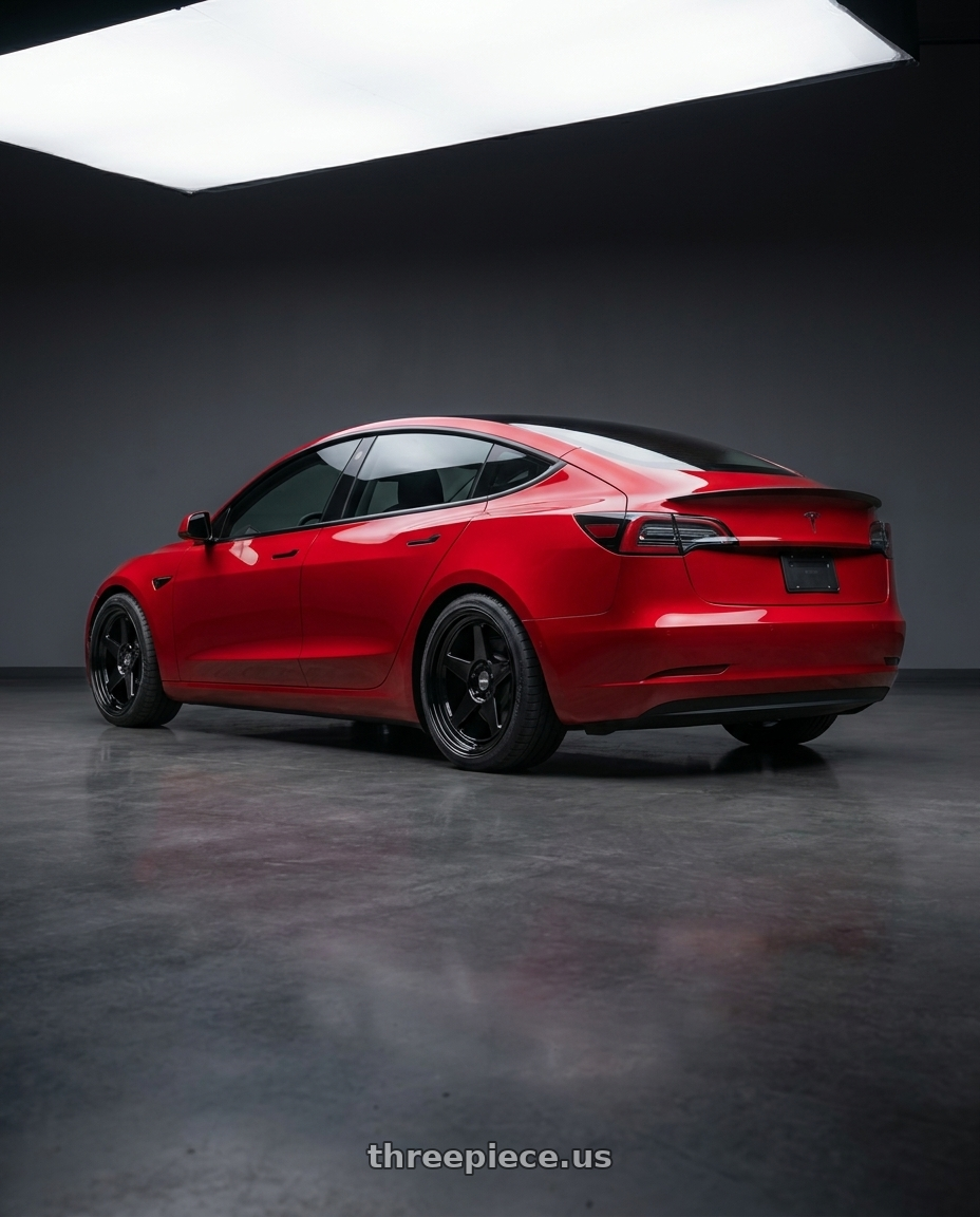 2022 Tesla Model 3 Performance with ESR Wheels CR SERIES CR5 5x100 18x8.5 +30 Gloss Black wheels rear three quarter view square tires