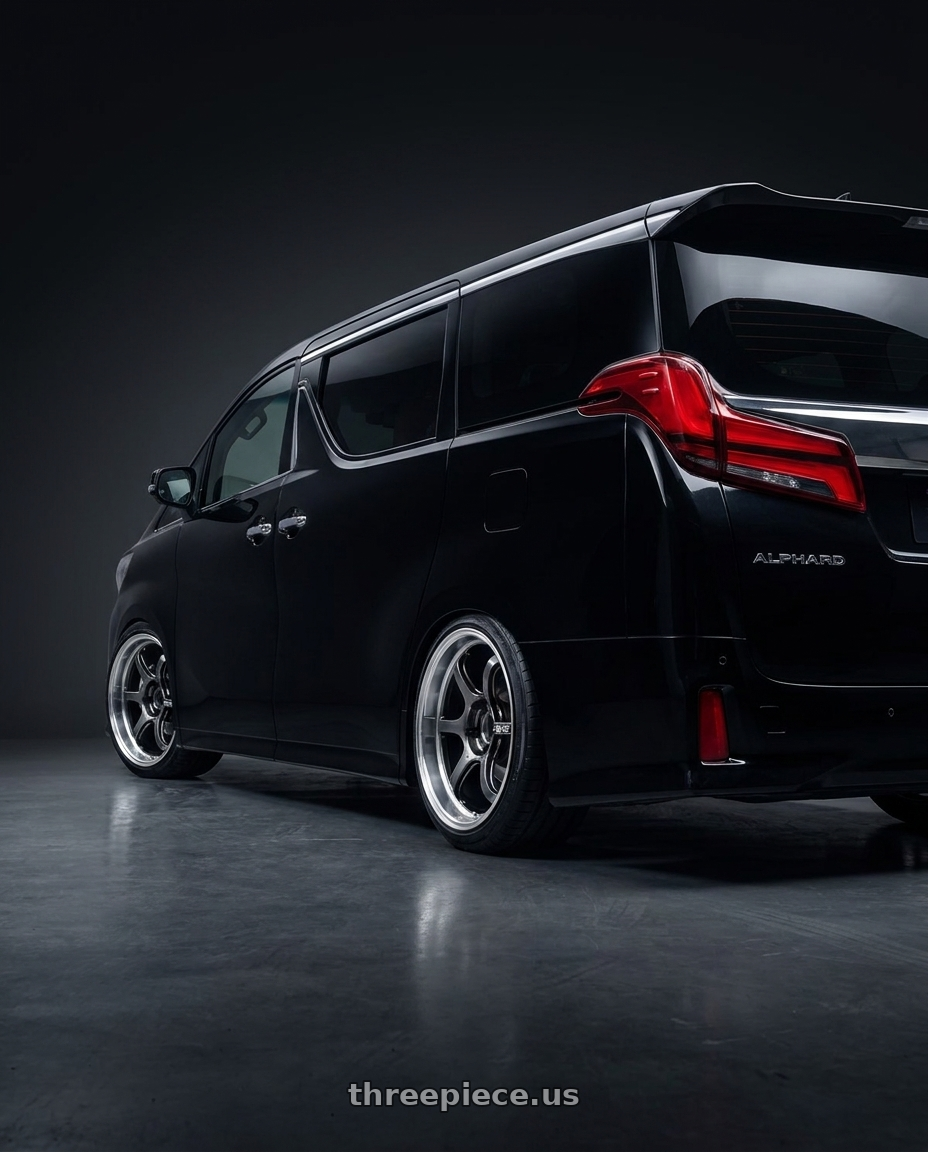 2020 toyota alphard  with Advan Racing R6 5x114.3 20x10.0 +35 MACHINING & HYPER PLATINUM BLACK wheels rear three quarter view slight stretch tires