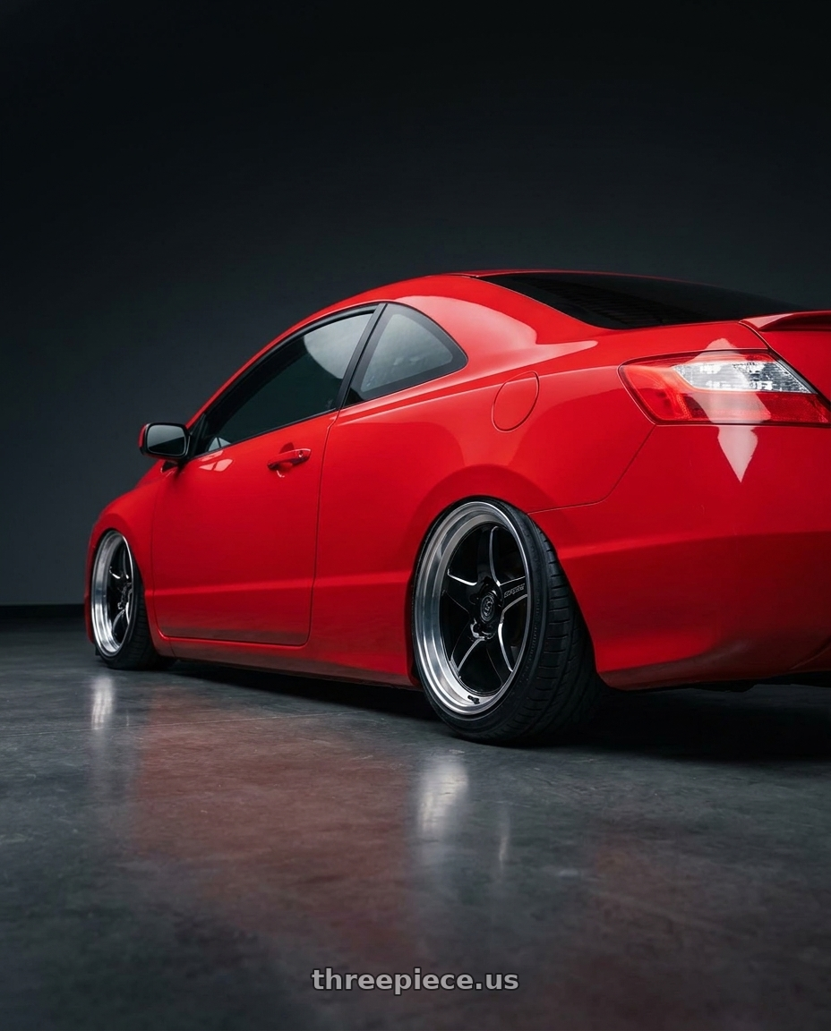 2011 Honda Civic Si with Forgestar D5 Drag 5x114.3 18x10 +22 Gloss Black Machined wheels rear three quarter view slight stretch tires