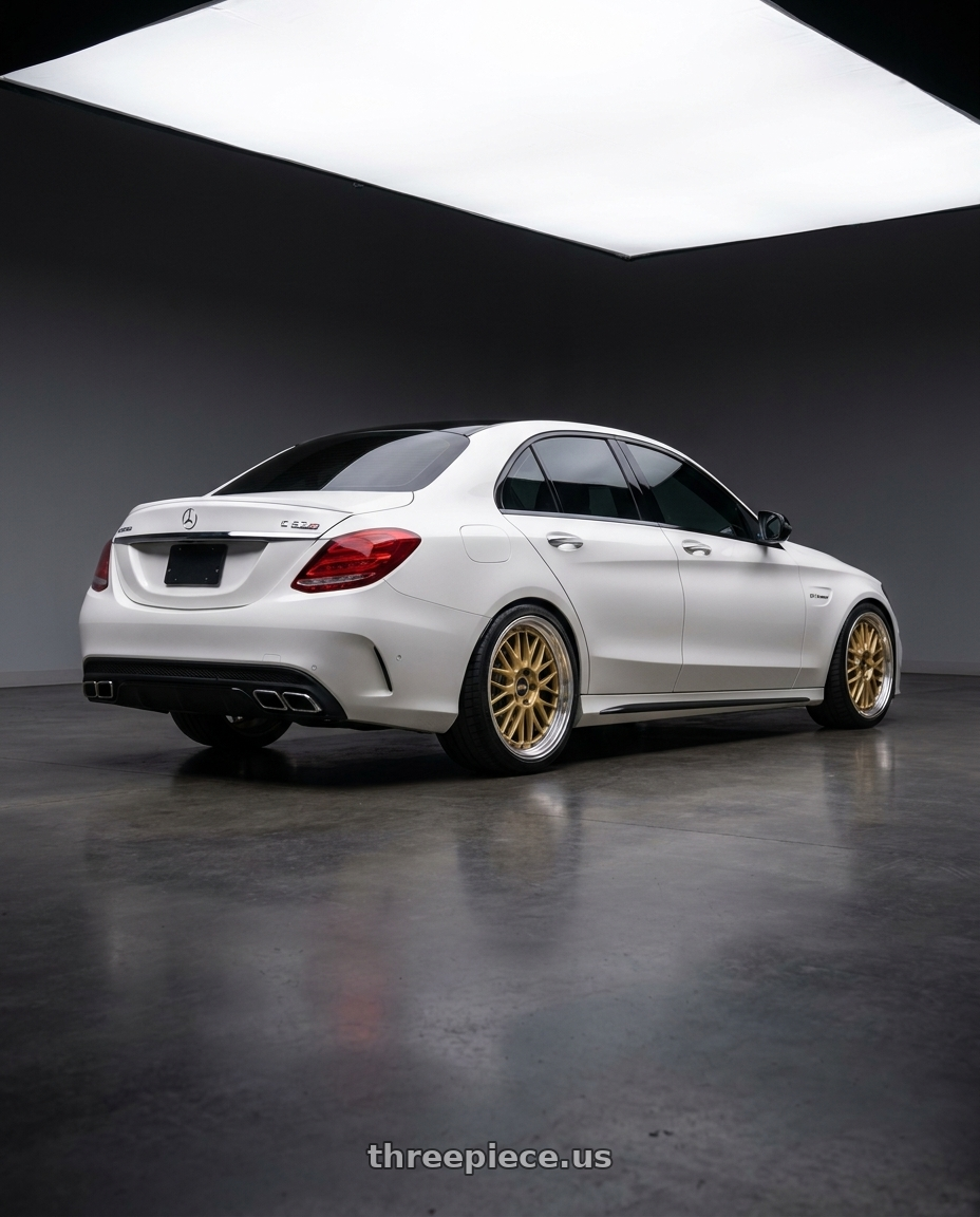 2018 Mercedes Benz C63 S with BBS LM 5x112 19x8.5+48 Gold wheels rear three quarter view square tires