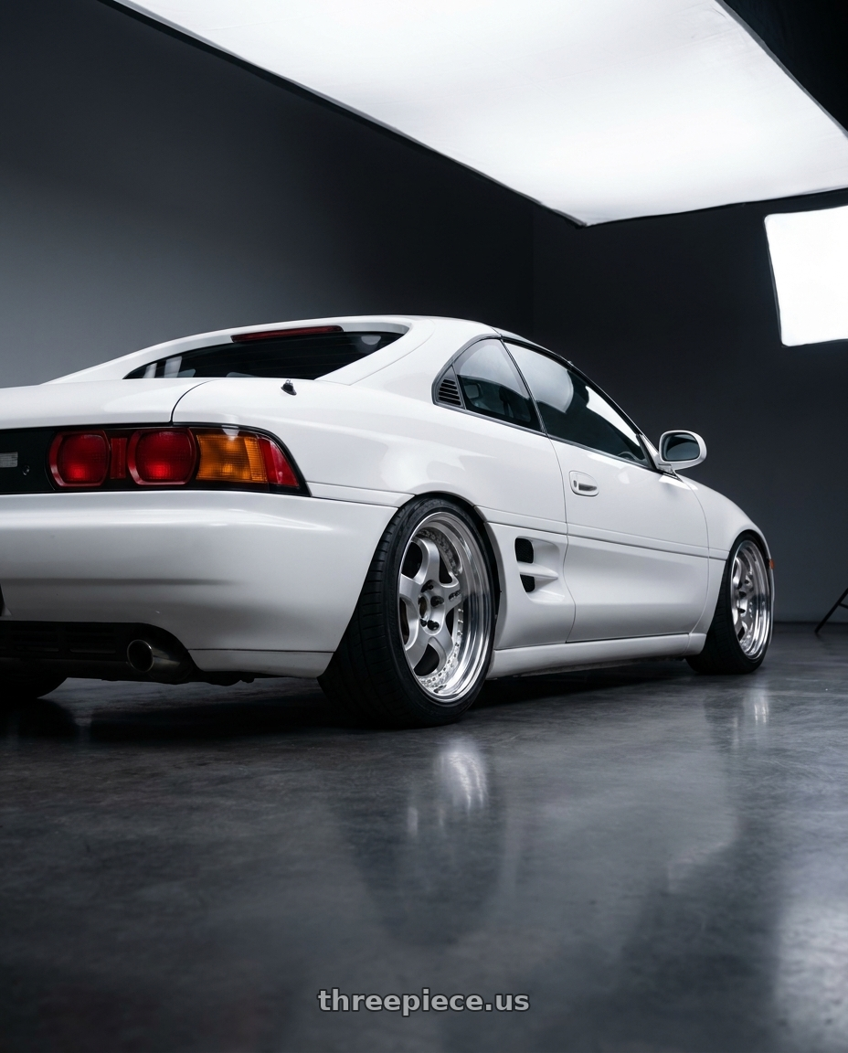 1992 toyota mr2 base white with Work Meister S1 3P 5x114.3 17x8+41 O Disk Silver wheels rear three quarter view square tires