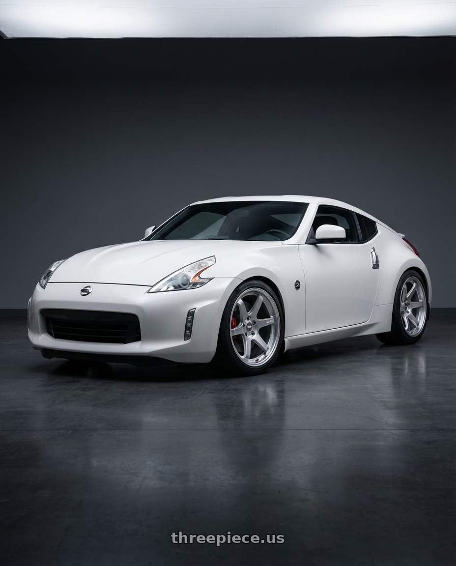 2019 Nissan 370Z with ESR Wheels APEX SERIES AP6 5x114.3 19x9.5 +22 Hyper Silver wheels front three quarter view lowered stance